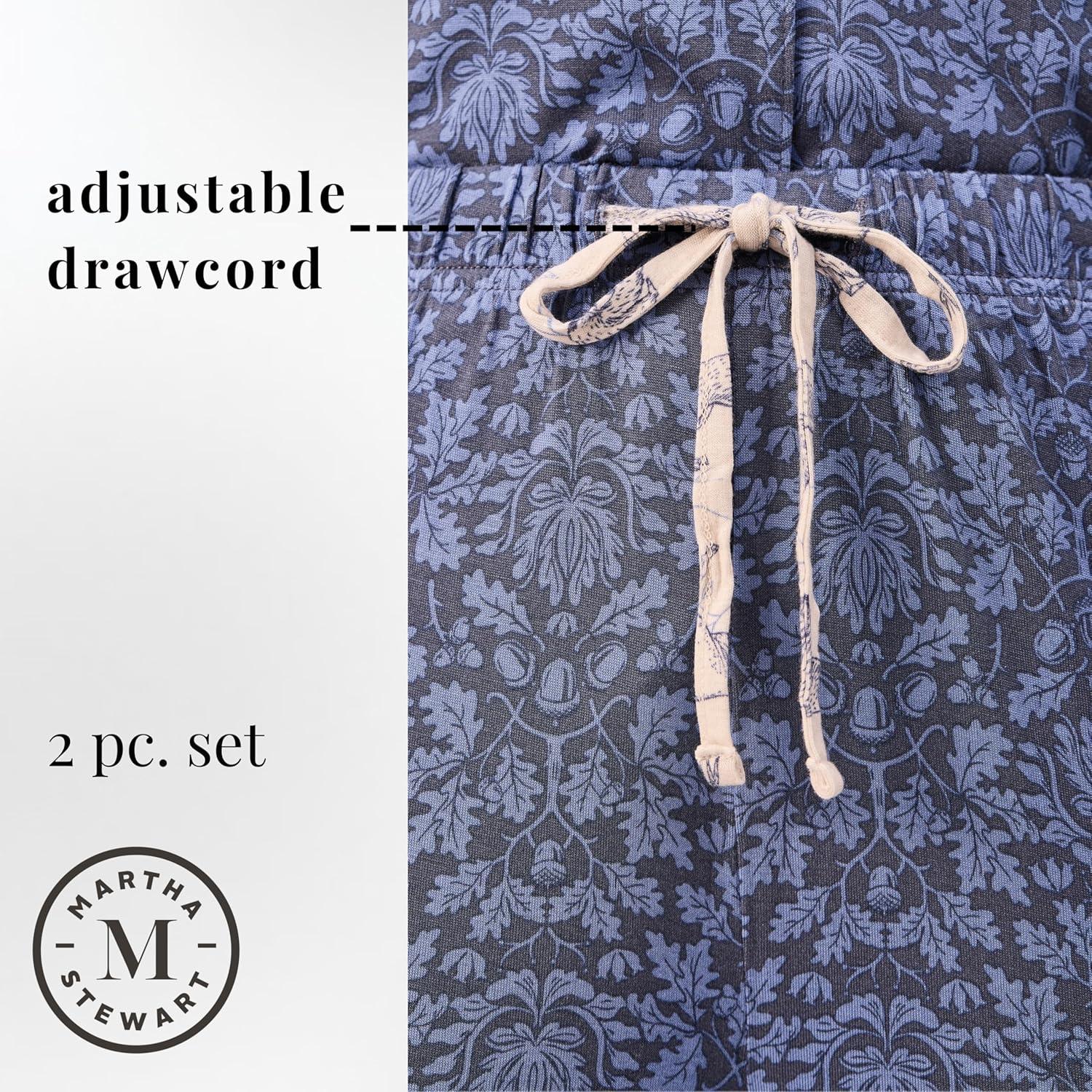 imagePeace Love ampamp Dreams Martha Stewart Womens Silky Pajama Set 2Piece Soft Rayon Long SleeveTonal Blue Floral