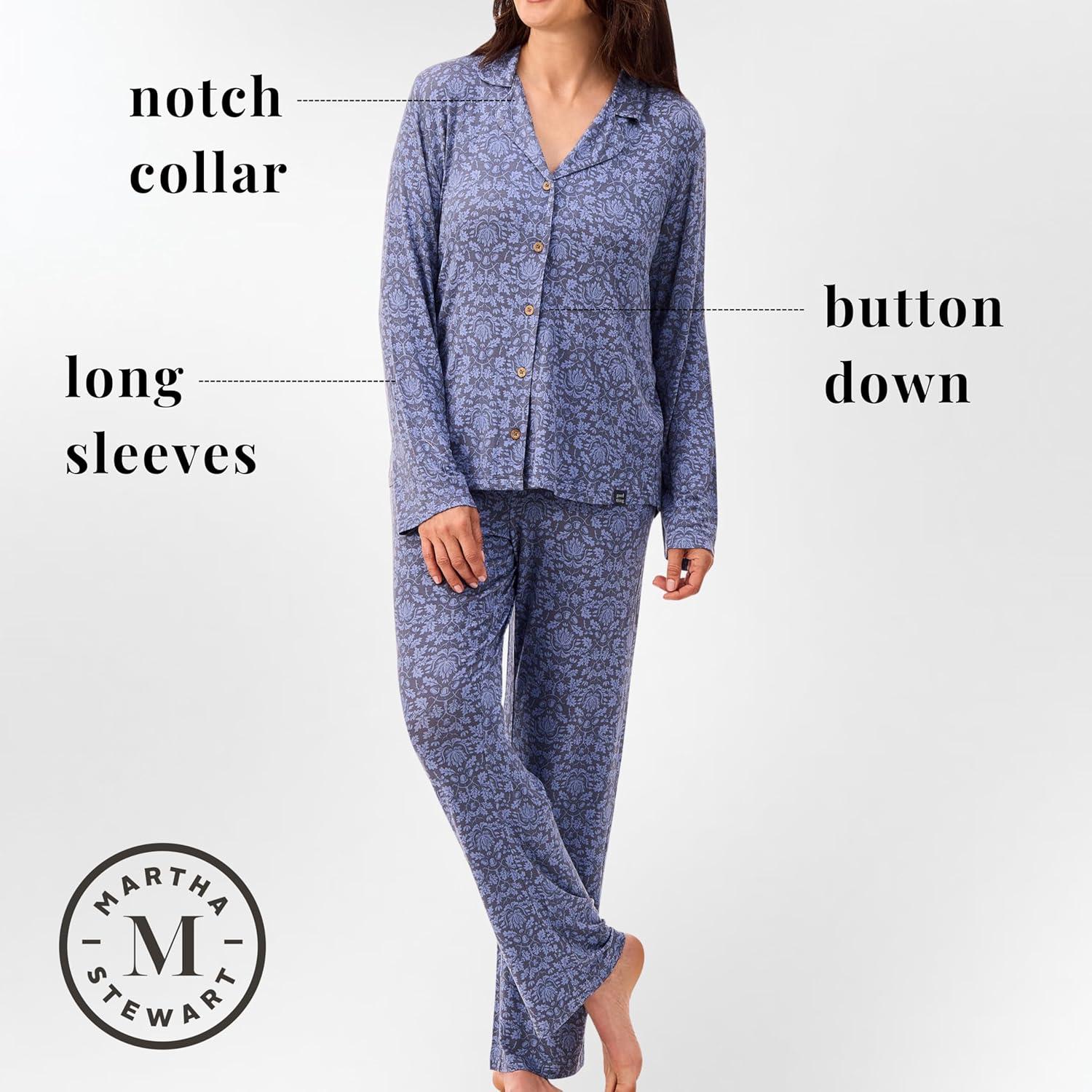 imagePeace Love ampamp Dreams Martha Stewart Womens Silky Pajama Set 2Piece Soft Rayon Long SleeveTonal Blue Floral