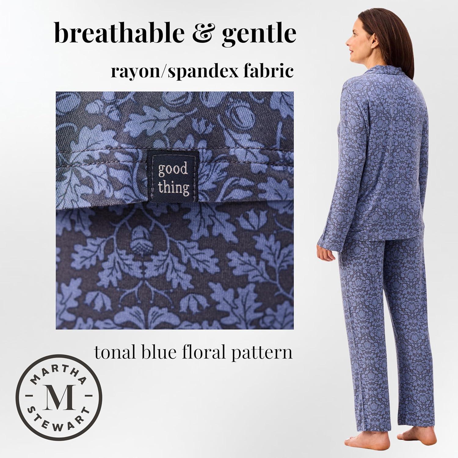 imagePeace Love ampamp Dreams Martha Stewart Womens Silky Pajama Set 2Piece Soft Rayon Long SleeveTonal Blue Floral