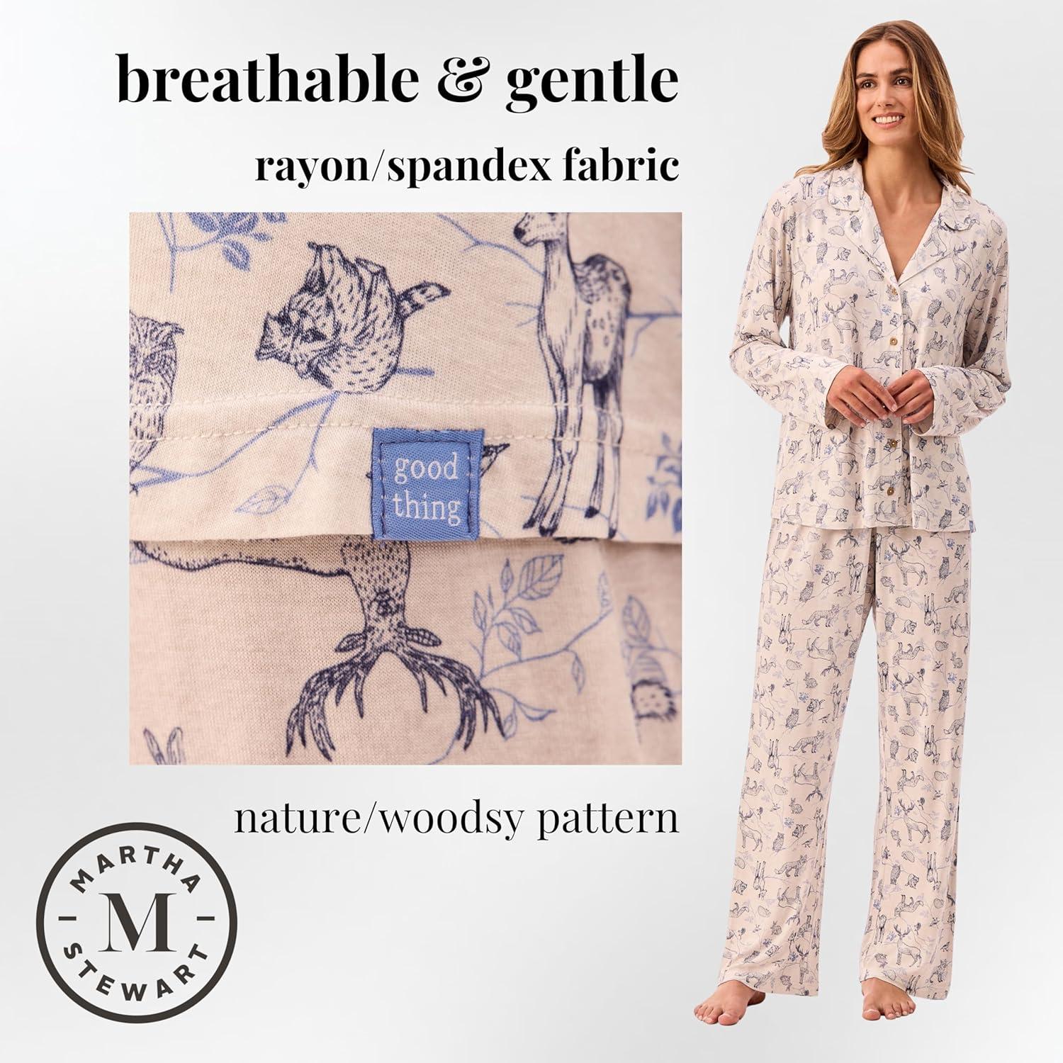 imagePeace Love ampamp Dreams Martha Stewart Womens Silky Pajama Set 2Piece Soft Rayon Long SleeveWoodsey White