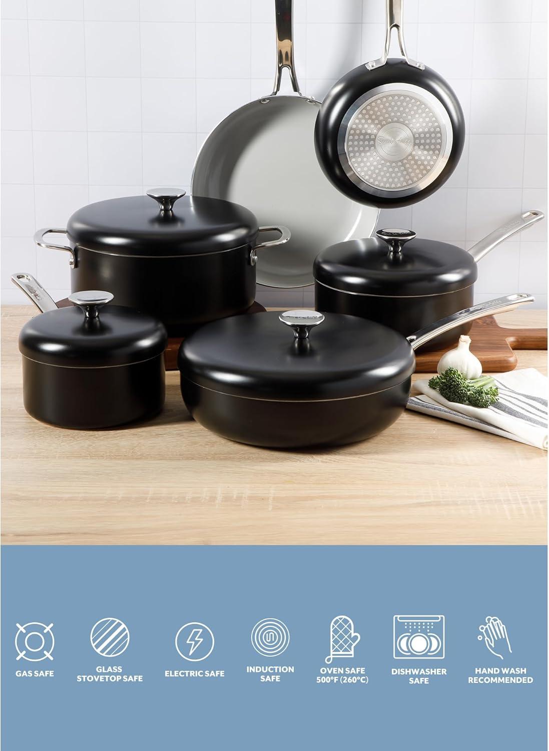 imageSur La Table Kitchen Essentials Potluck Porch 10 Piece PFA Free Ceramic Non stick Interior Forged Aluminum Cookware Pots and Pans Set WAluminum Lids Black Induction CompatibleBlack