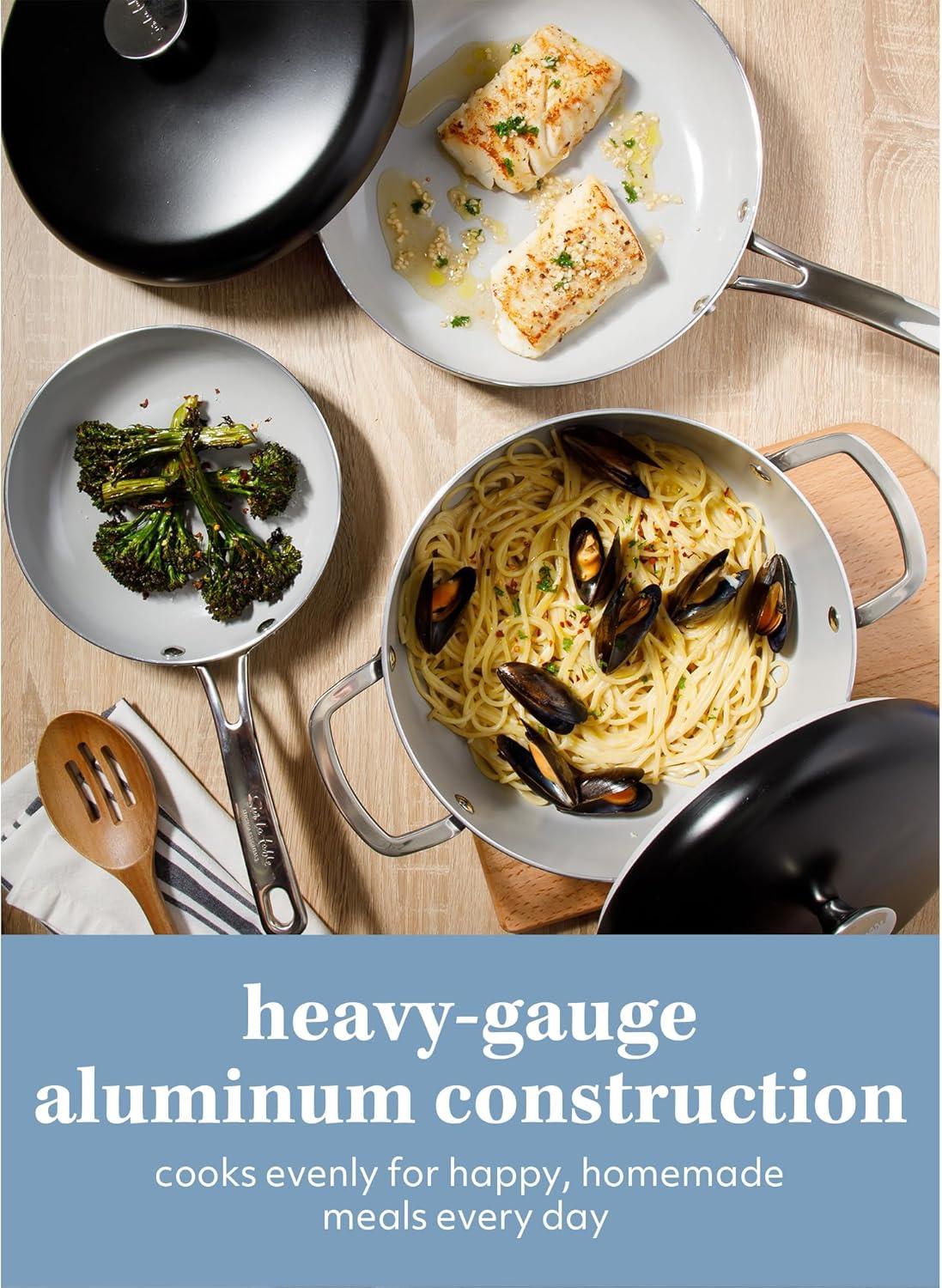 imageSur La Table Kitchen Essentials Potluck Porch 10 Piece PFA Free Ceramic Non stick Interior Forged Aluminum Cookware Pots and Pans Set WAluminum Lids Black Induction CompatibleBlack