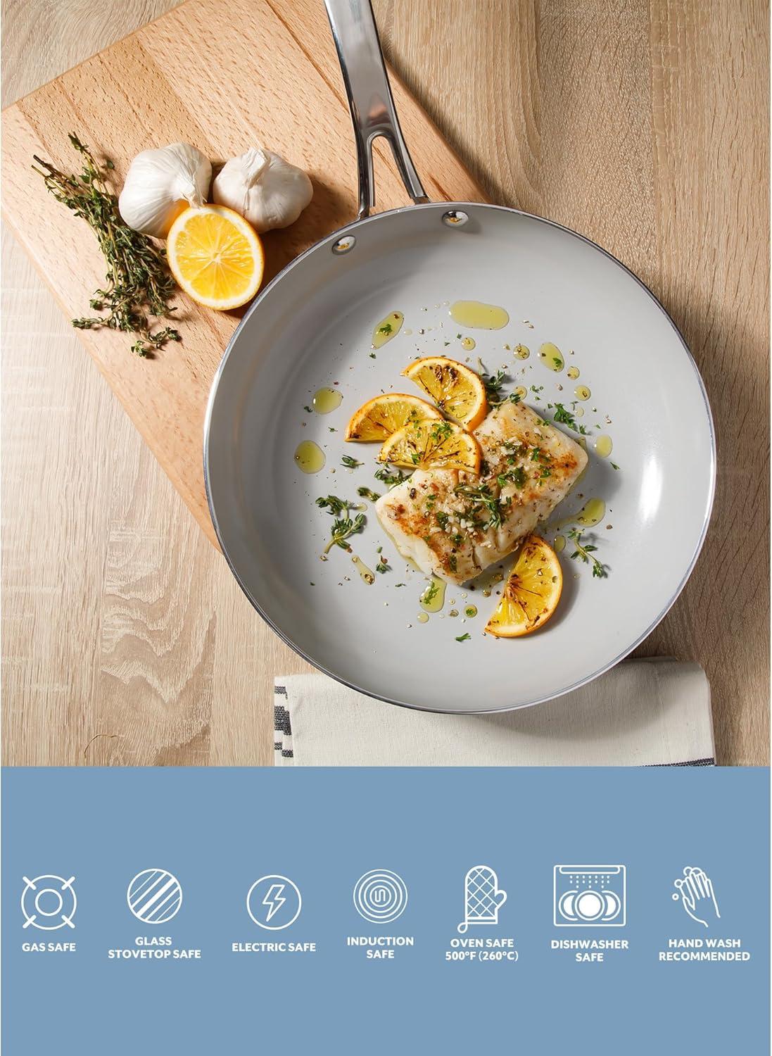 imageSur La Table Kitchen Essentials Potluck Porch 10 Piece PFA Free Ceramic Non stick Interior Forged Aluminum Cookware Pots and Pans Set WAluminum Lids Black Induction CompatibleBlack