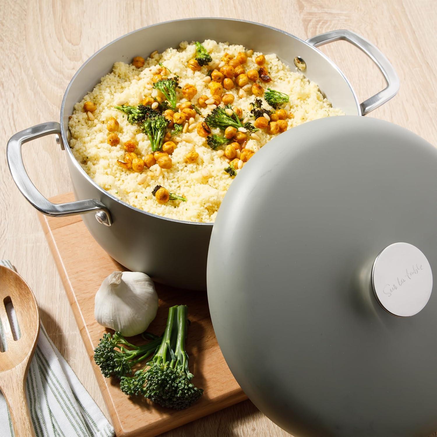 imageSur La Table Kitchen Essentials Potluck Porch 10 Piece PFA Free Ceramic Non stick Interior Forged Aluminum Cookware Pots and Pans Set WAluminum Lids Black Induction CompatibleGreen