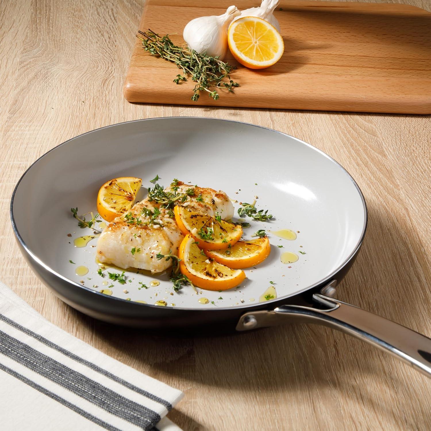 imageSur La Table Kitchen Essentials Potluck Porch 10 Piece PFA Free Ceramic Non stick Interior Forged Aluminum Cookware Pots and Pans Set WAluminum Lids Black Induction CompatibleBlack