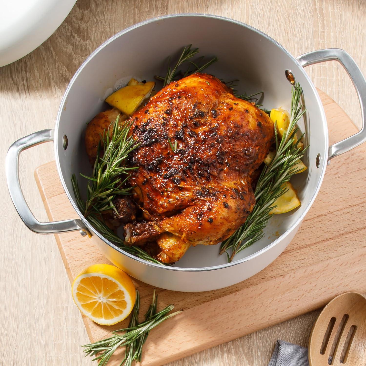 imageSur La Table Kitchen Essentials Potluck Porch 10 Piece PFA Free Ceramic Non stick Interior Forged Aluminum Cookware Pots and Pans Set WAluminum Lids Black Induction CompatibleLinen White