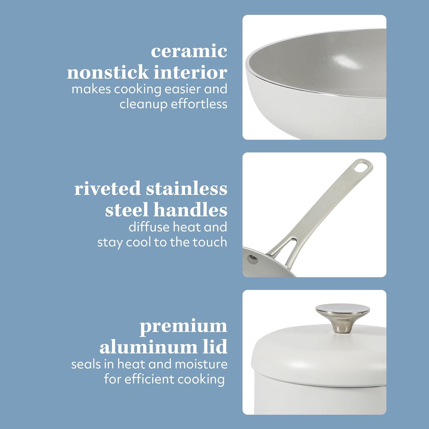 imageSur La Table Kitchen Essentials Potluck Porch 10 Piece PFA Free Ceramic Non stick Interior Forged Aluminum Cookware Pots and Pans Set WAluminum Lids Black Induction CompatibleLinen White
