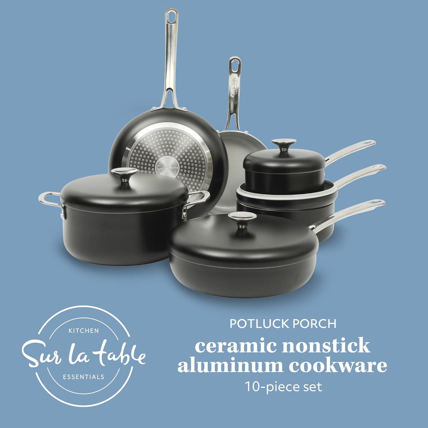 imageSur La Table Kitchen Essentials Potluck Porch 10 Piece PFA Free Ceramic Non stick Interior Forged Aluminum Cookware Pots and Pans Set WAluminum Lids Black Induction CompatibleBlack