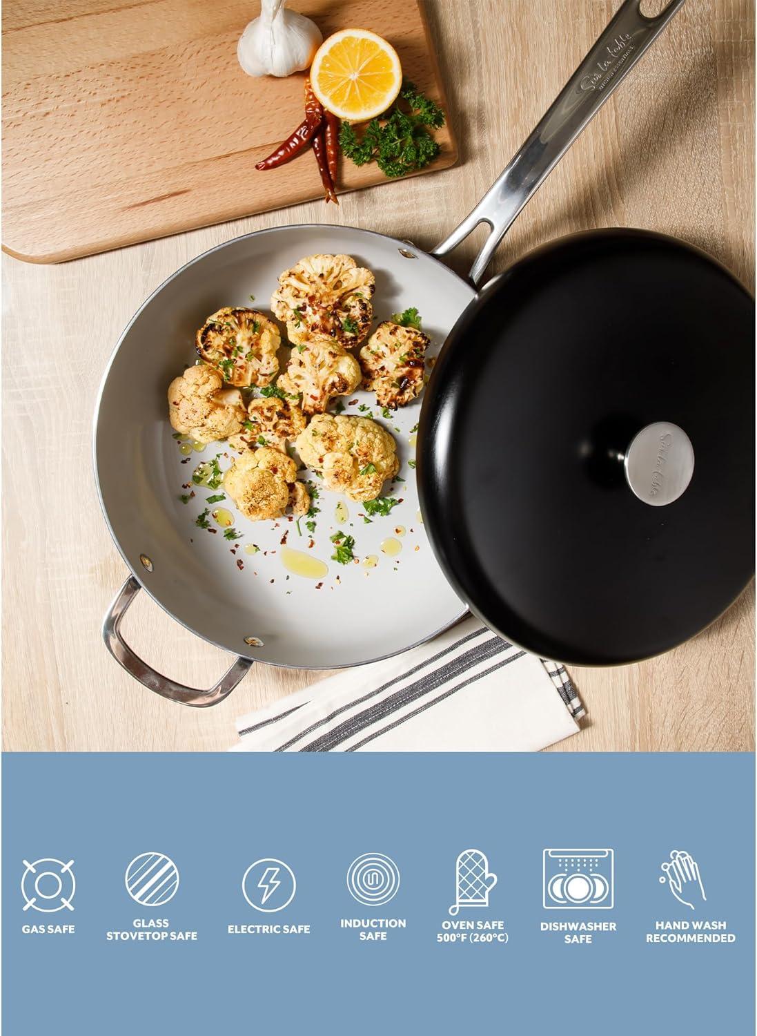 imageSur La Table Kitchen Essentials Potluck Porch 10 Piece PFA Free Ceramic Non stick Interior Forged Aluminum Cookware Pots and Pans Set WAluminum Lids Black Induction CompatibleBlack