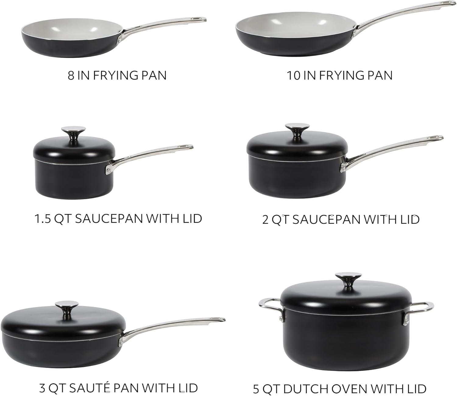 imageSur La Table Kitchen Essentials Potluck Porch 10 Piece PFA Free Ceramic Non stick Interior Forged Aluminum Cookware Pots and Pans Set WAluminum Lids Black Induction CompatibleBlack
