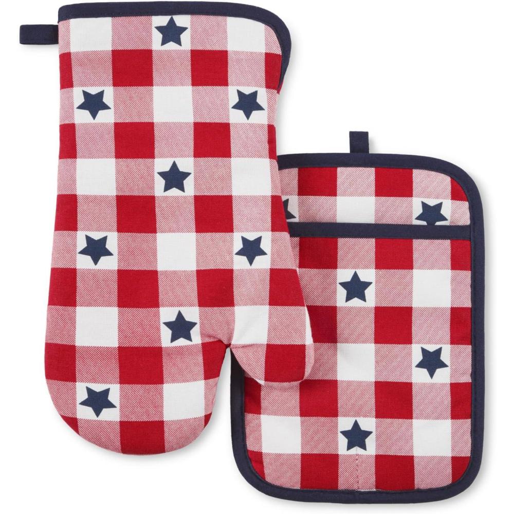 imageMARTHA STEWART Americana Star Gihgham Oven Mitt ampamp Pot Holder Set 100 Cotton Heat Resistant Patriotic USA America Decor RedWhiteBlue 7quotx13quot ampamp 7quotx10quot