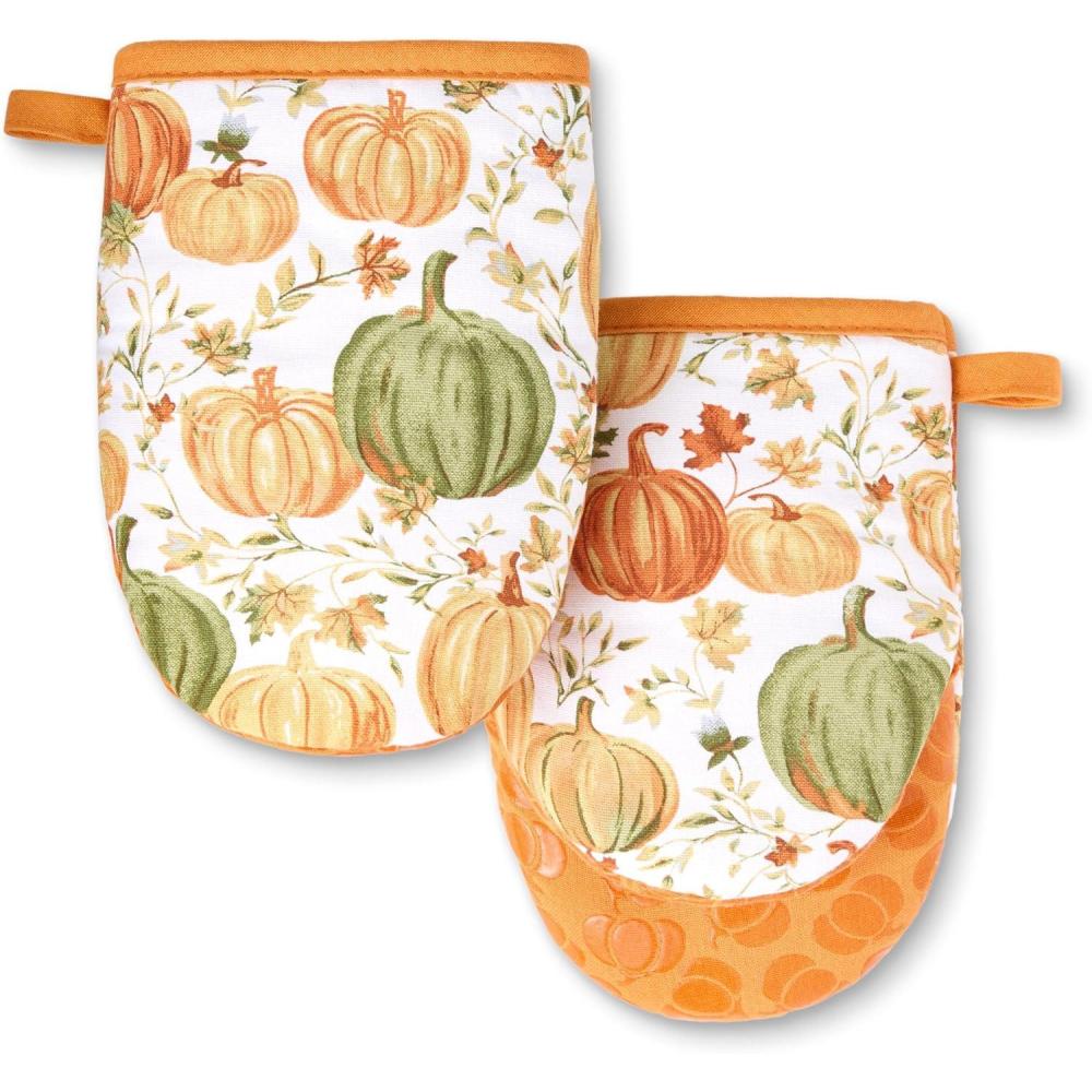 imageMARTHA STEWART Autumn Harvest Pumpkins Mini Oven Mitt 2Pack Set 100 Cotton with Decorative NonSlip Silicone Grip Heat Resistant OrangeGreenIvory 55quotX8quotOrangeGreenIvory