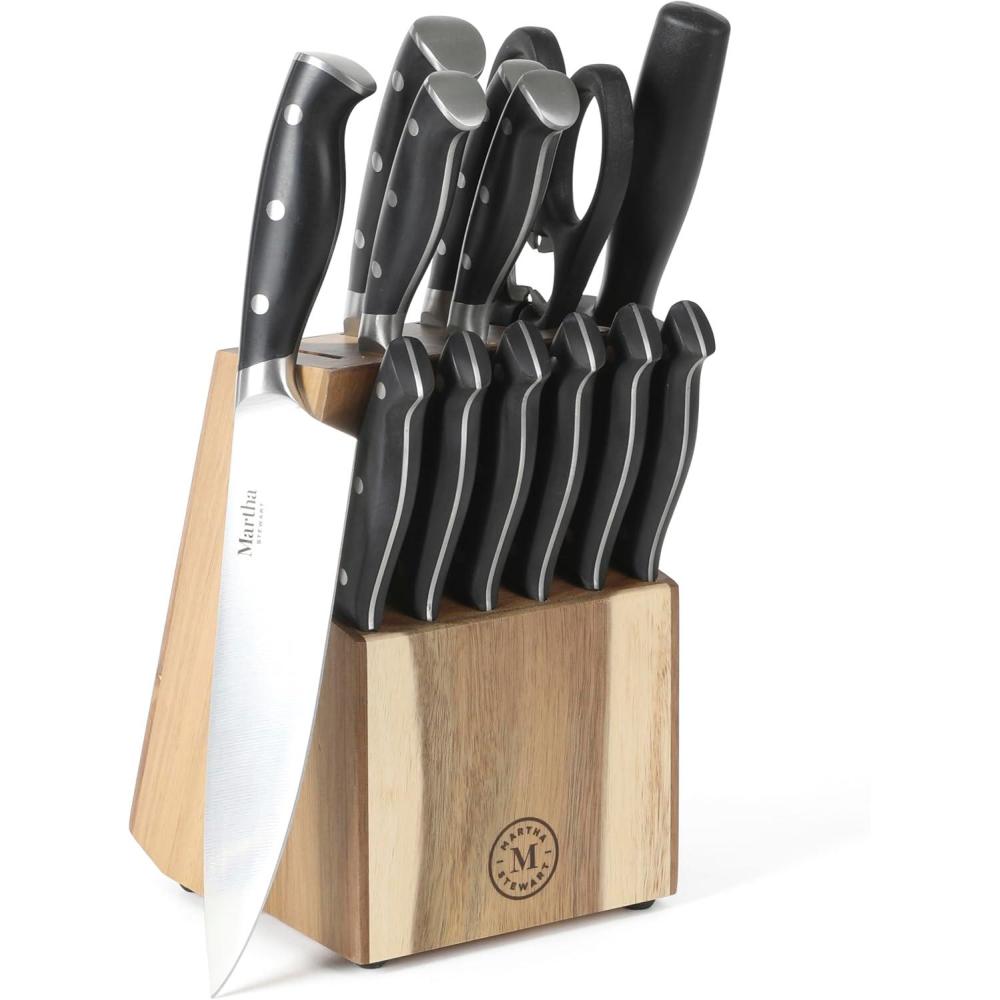 imageMARTHA STEWART Eastwalk 14 Piece High Carbon Stainless Steel Cutlery Kitchen Knife Block Set wABS Triple Riveted Forged Handle Acacia Wood Block Linen WhiteBlack