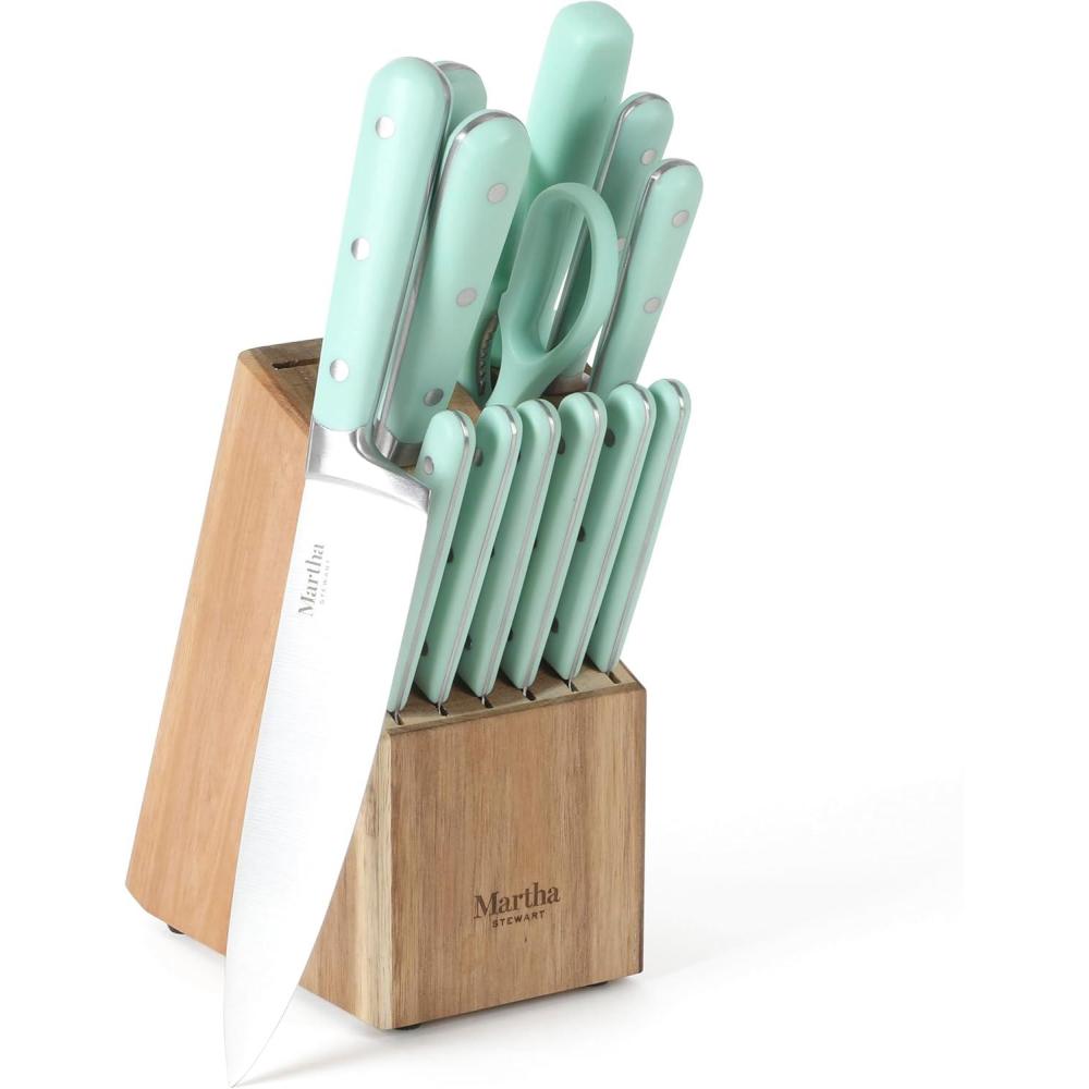 imageMARTHA STEWART Eastwalk 14 Piece High Carbon Stainless Steel Cutlery Kitchen Knife Block Set wABS Triple Riveted Forged Handle Acacia Wood Block  Linen WhiteMartha Blue