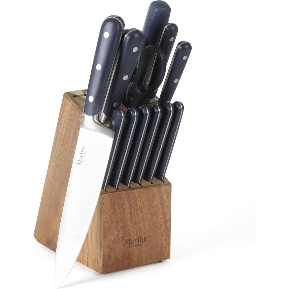 imageMARTHA STEWART Eastwalk 14 Piece High Carbon Stainless Steel Cutlery Kitchen Knife Block Set wABS Triple Riveted Forged Handle Acacia Wood Block Linen WhiteNavy Blue
