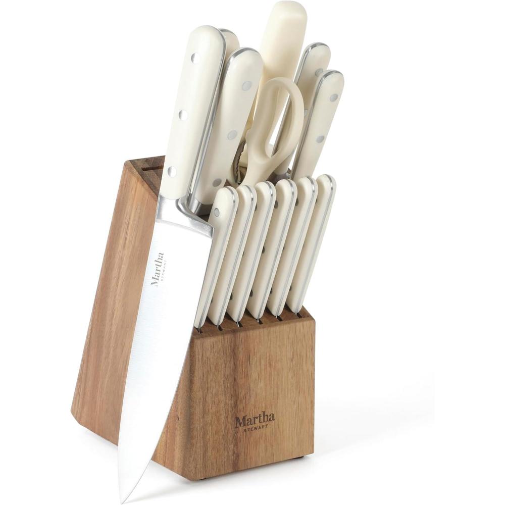 imageMARTHA STEWART Eastwalk 14 Piece High Carbon Stainless Steel Cutlery Kitchen Knife Block Set wABS Triple Riveted Forged Handle Acacia Wood Block Linen WhiteLinen