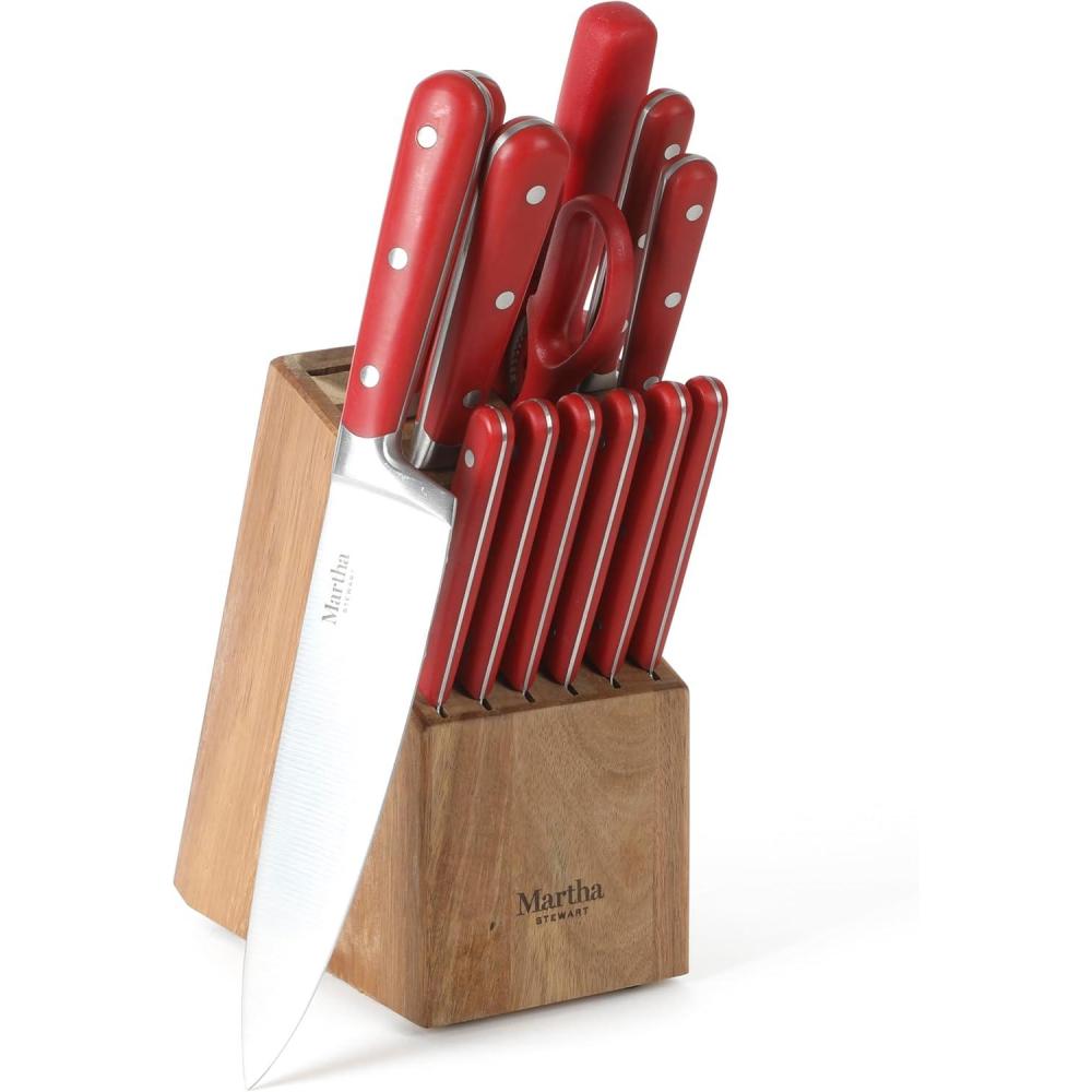 imageMARTHA STEWART Eastwalk 14 Piece High Carbon Stainless Steel Cutlery Kitchen Knife Block Set wABS Triple Riveted Forged Handle Acacia Wood Block Linen WhiteRed