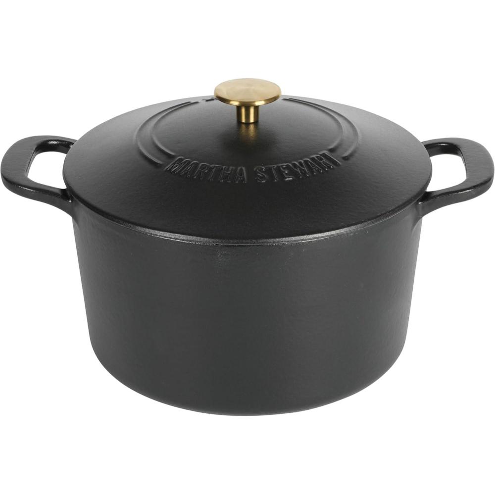 imageMARTHA STEWART Gatwick 7 QT Enamel Cast Iron Dutch Oven Pot with Lid Martha BlueBlack Matte