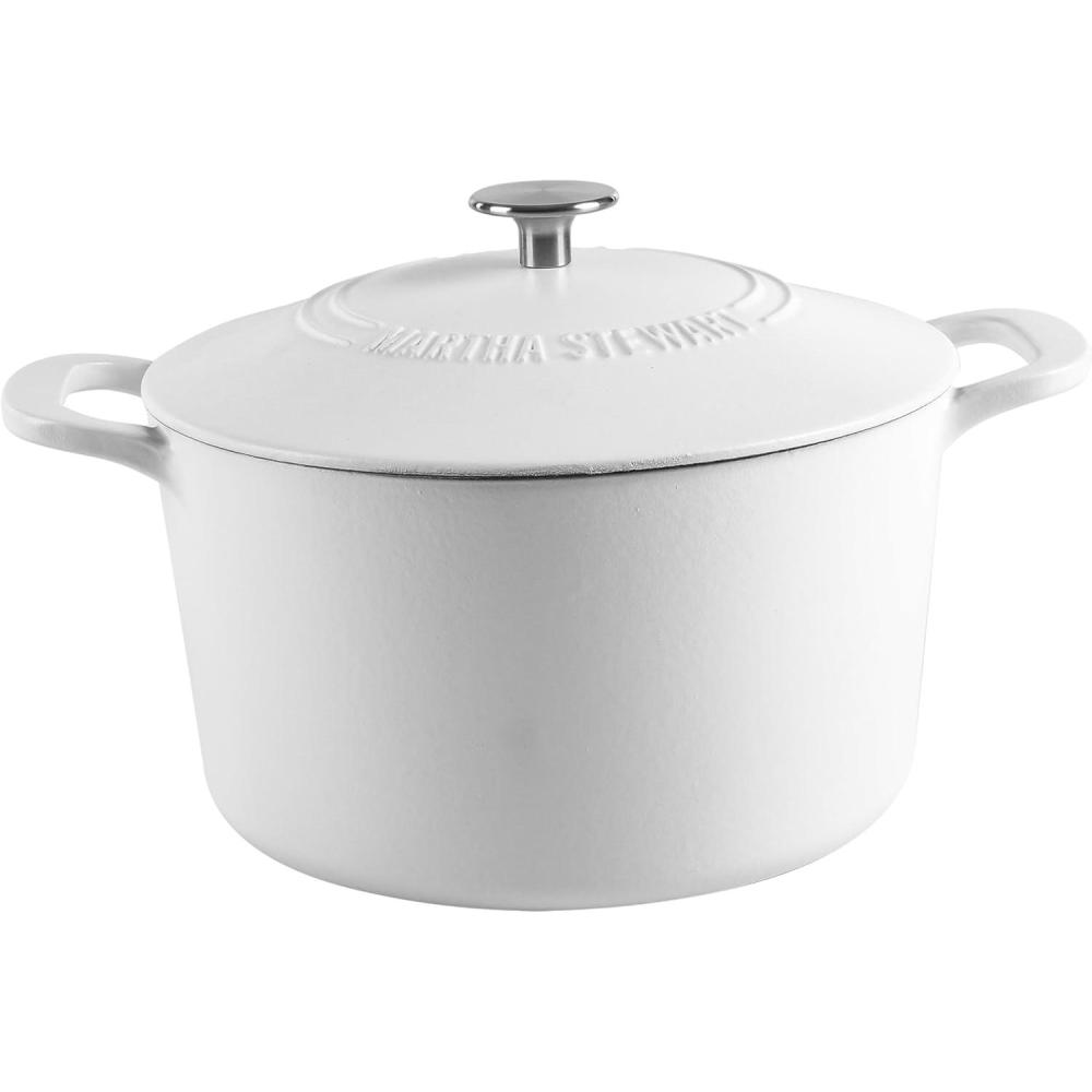 imageMARTHA STEWART Gatwick 7 QT Enamel Cast Iron Dutch Oven Pot with Lid Martha BlueWhite Matte