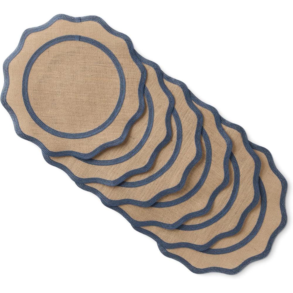 imageMARTHA STEWART Hessian Textured Wedge Border Placemats 6Pack Set 100 Natural Jute ampamp Burlap Woven Scallop Border Placemat NaturalMustard Yellow 15x15 RoundNaturalNavy Blue