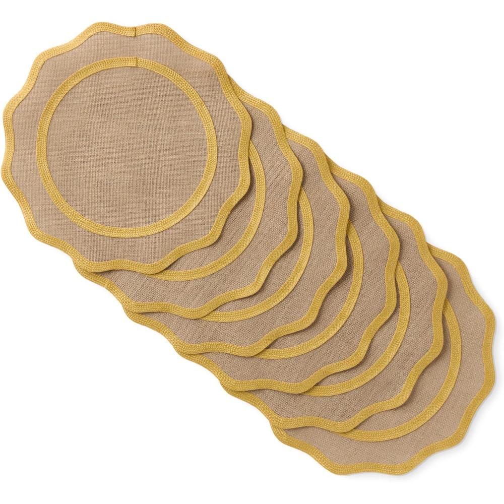 imageMARTHA STEWART Hessian Textured Wedge Border Placemats 6Pack Set 100 Natural Jute ampamp Burlap Woven Scallop Border Placemat NaturalMustard Yellow 15x15 RoundNaturalMustard Yellow