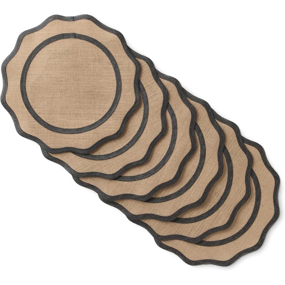 imageMARTHA STEWART Hessian Textured Wedge Border Placemats 6Pack Set 100 Natural Jute ampamp Burlap Woven Scallop Border Placemat NaturalMustard Yellow 15x15 RoundNaturalBlack