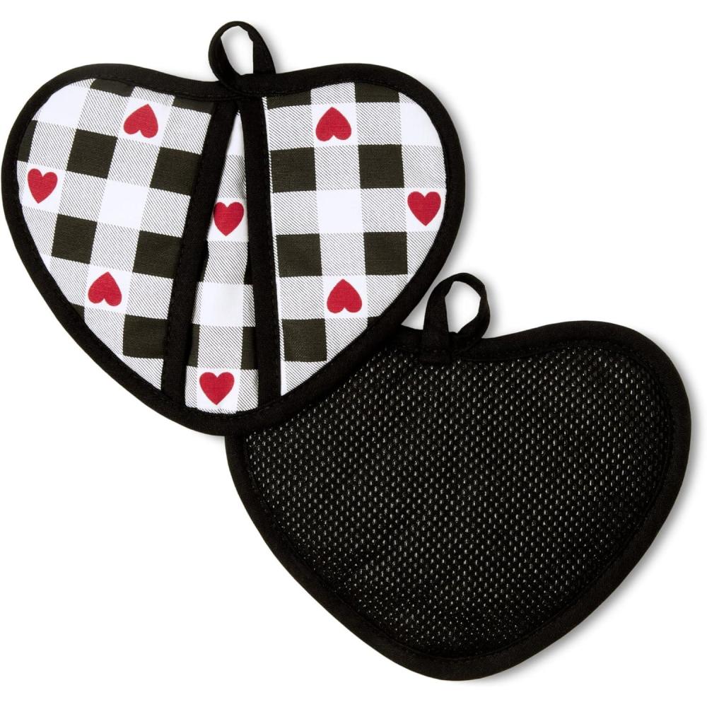 imageMARTHA STEWART Love Check Gingham Heart Shaped Pot Holder 2Pack Set 100 Cotton Heat Resistant with Flexible Silicone Grip Valentines Day Dcor BlackWhiteRed 7x85