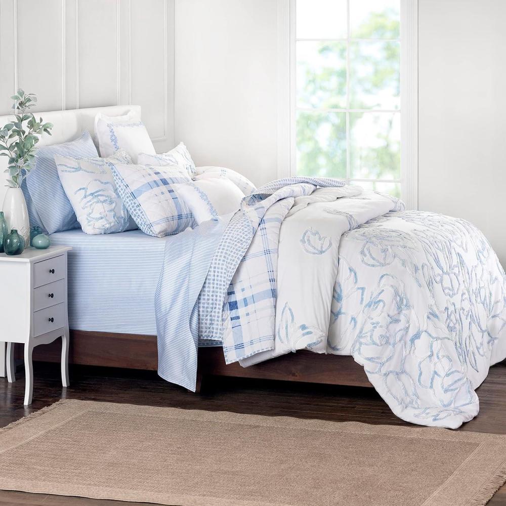 imageMARTHA STEWART Natalie King Size Duvet 3 Piece Set1 Duvet Cover 2 Pillow Shams Crinkle Velvet Texture Soft ampamp Royal Machine Wash 104quotx92quot with Button Closure ChampagneFederal Blue White