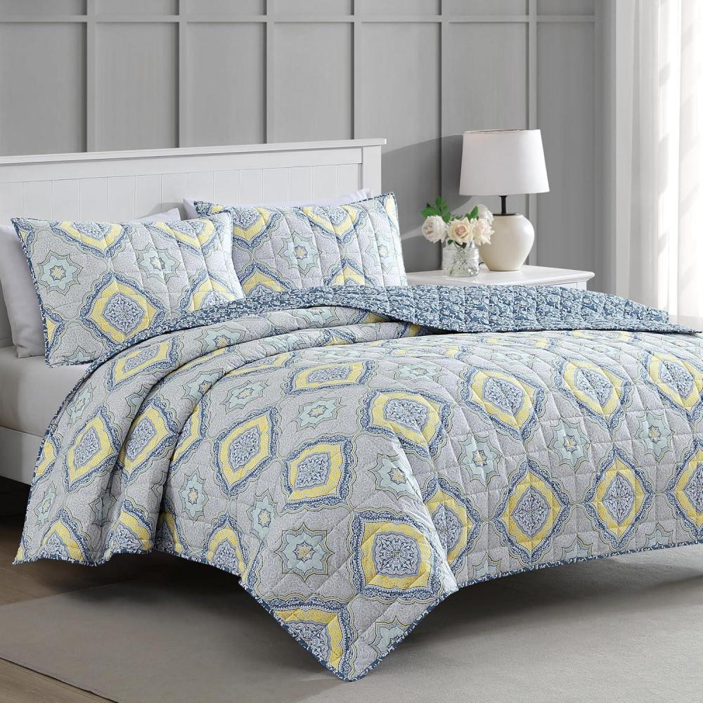 imageMARTHA STEWART Twin Size Quilt Bedding Set 2 Piece Soft Washed Microfiber Printed Bedspread Reversible All Season 1 Quilt 1 Standard Pillow Sham Blue White ampamp Red Painted Floral PrintJamie Medallion