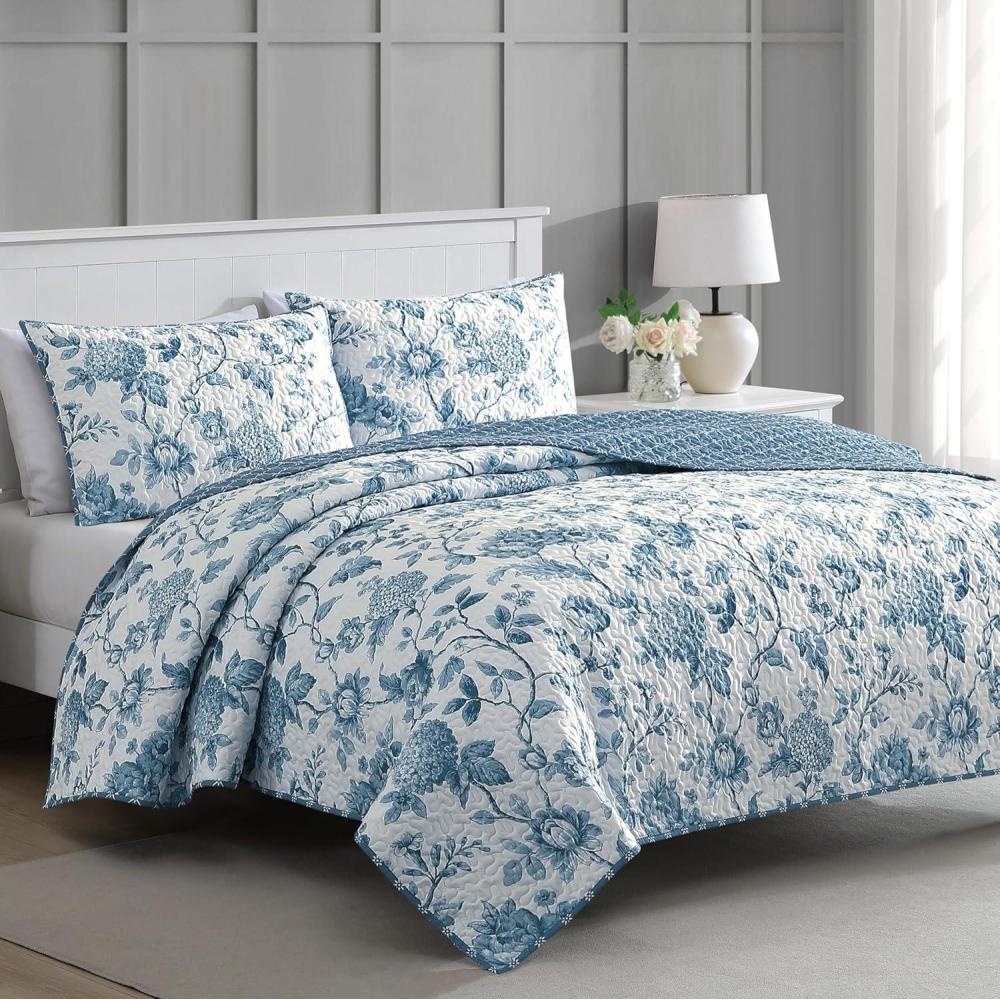 imageMARTHA STEWART Twin Size Quilt Bedding Set  2 Piece Soft Washed Microfiber Printed Bedspread Reversible All Season 1 Quilt 1 Standard Pillow Sham Blue White ampamp Red Painted Floral PrintTiana Floral