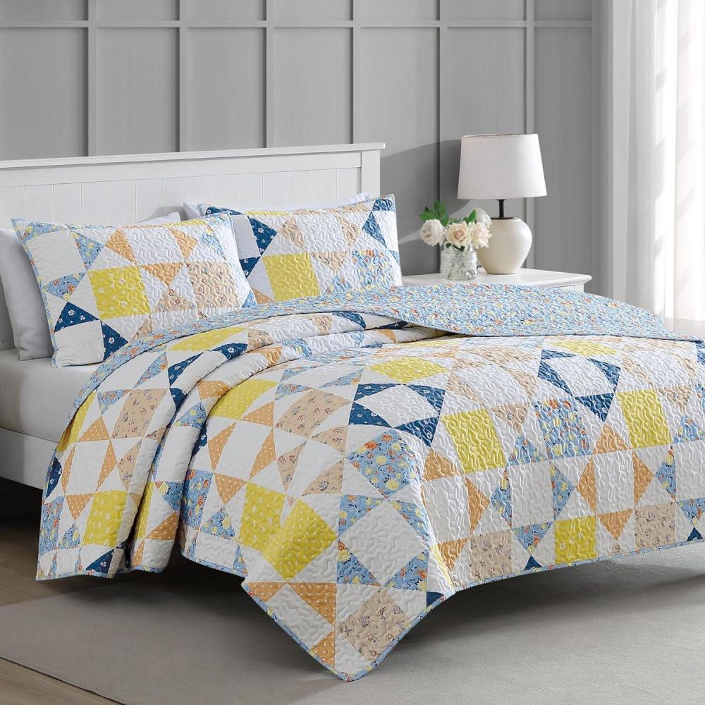 imageMARTHA STEWART Twin Size Quilt Bedding Set 2 Piece Soft Washed Microfiber Printed Bedspread Reversible All Season 1 Quilt 1 Standard Pillow Sham Blue White ampamp Red Painted Floral PrintKite Ditsy Patchwork