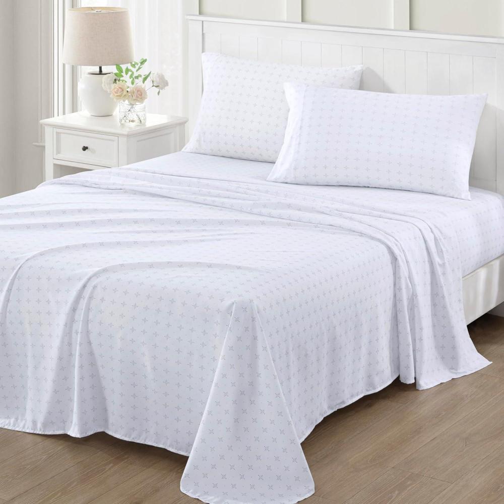 imageMARTHA STEWART Ultra Soft Brushed and Washed Microfiber 4 Piece Sheet Set Easy Care Comfy Bed Sheets with Deep Pocket 1 Flat Sheet 1 Fitted Sheet 2 Std Pillowcases Queen Size Navy BlueHayworth Medallion Gray