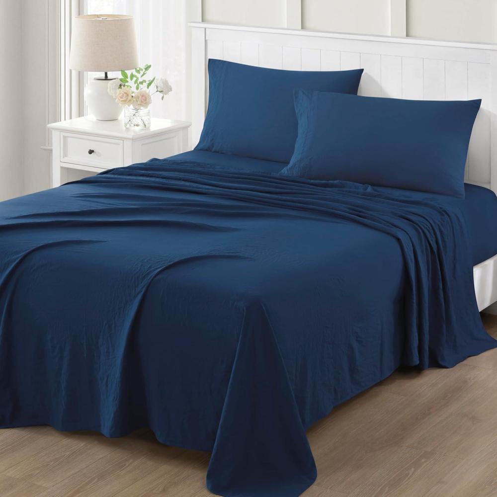 imageMARTHA STEWART Ultra Soft Brushed and Washed Microfiber 4 Piece Sheet Set Easy Care Comfy Bed Sheets with Deep Pocket 1 Flat Sheet 1 Fitted Sheet 2 Std Pillowcases Queen Size Navy BlueNavy Peony