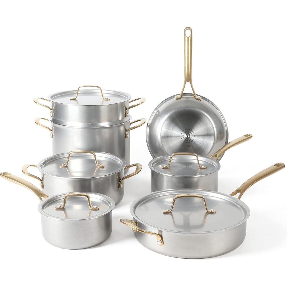 imageMARTHA STEWART Vintage 188 Triply Stainless Steel 12 Piece Cookware Set wGold HandlesStainless Steel w Gold Handles
