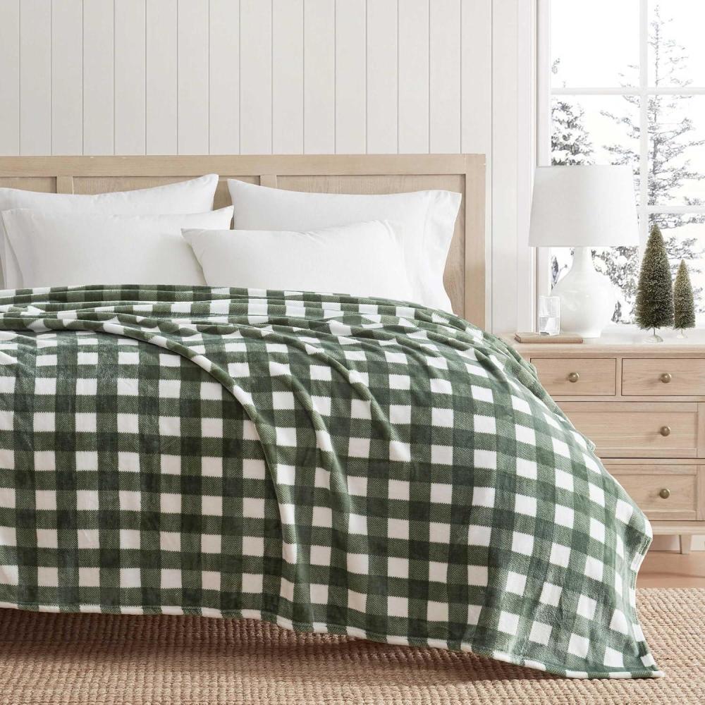 imageMartha Stewart Blanket Incredibly Soft Throw Blanket for Couch or Bed Printed Plush ampamp Oversized Bedding Holiday Woodland White 60quot x 70quotMadison Gingham Green