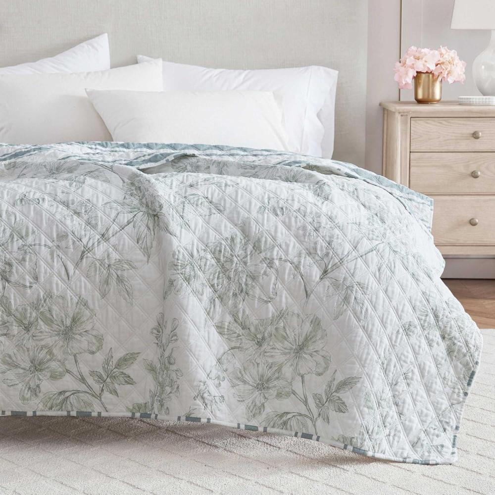 imageMartha Stewart Blanket Quilted Cotton Throw Blanket Incredibly Soft ampamp Oversized Bedding for Couch or Bed Vine Flora Green 50quot x 70quotVine Flora Green