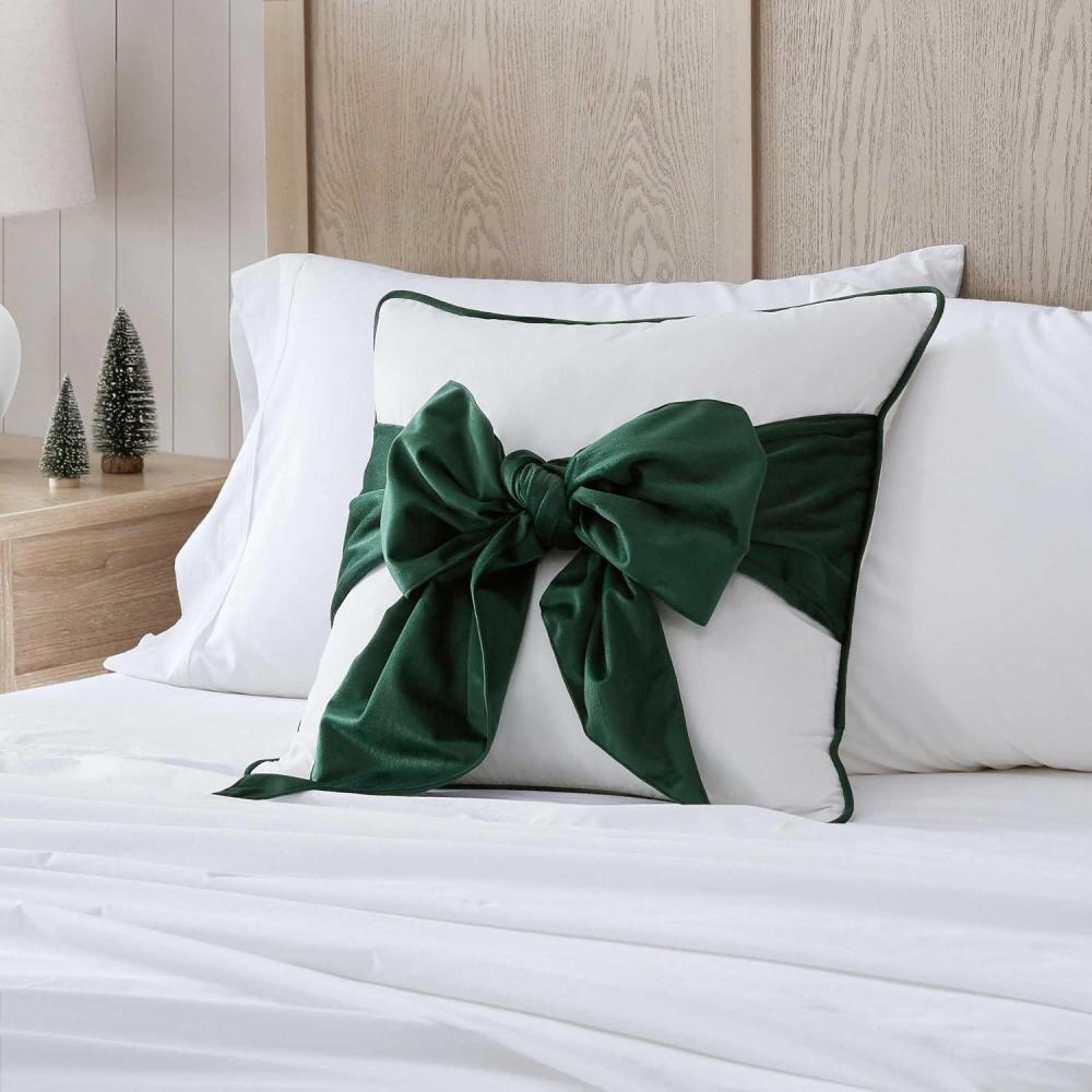 imageMartha Stewart Decorative Pillow Square Throw Pillow with Hidden Zipper Closure Oversized Accent Cushion for Bed or Couch Bedford Bow Green 20quot x 20quotBedford Bow Green