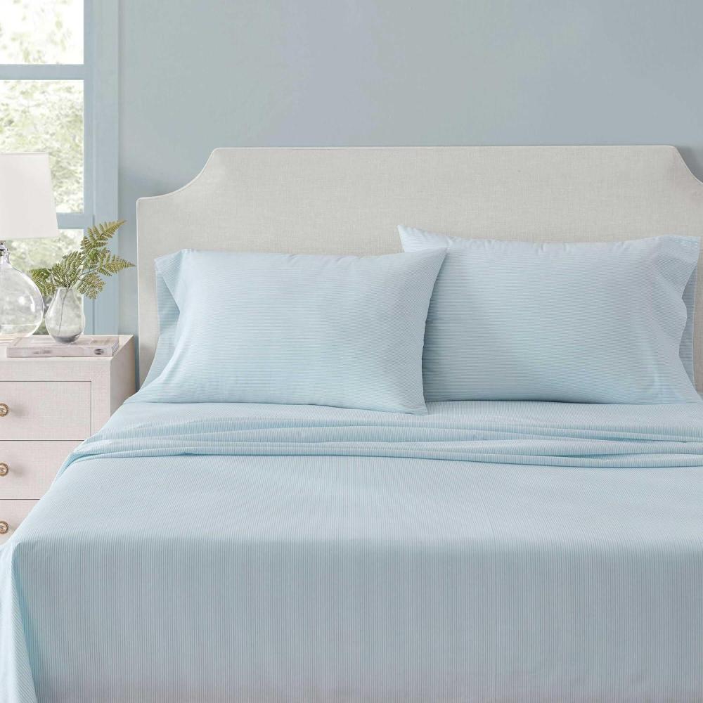 imageMartha Stewart Full Size Sheets Set Crisp ampamp Tailored Cooling Sheets wa Naturally Smooth Cotton Percale Lightweight Feel Bed Sheets with Matching Pillowcases ampamp Fitted Sheet Stripe BlueStripe Blue