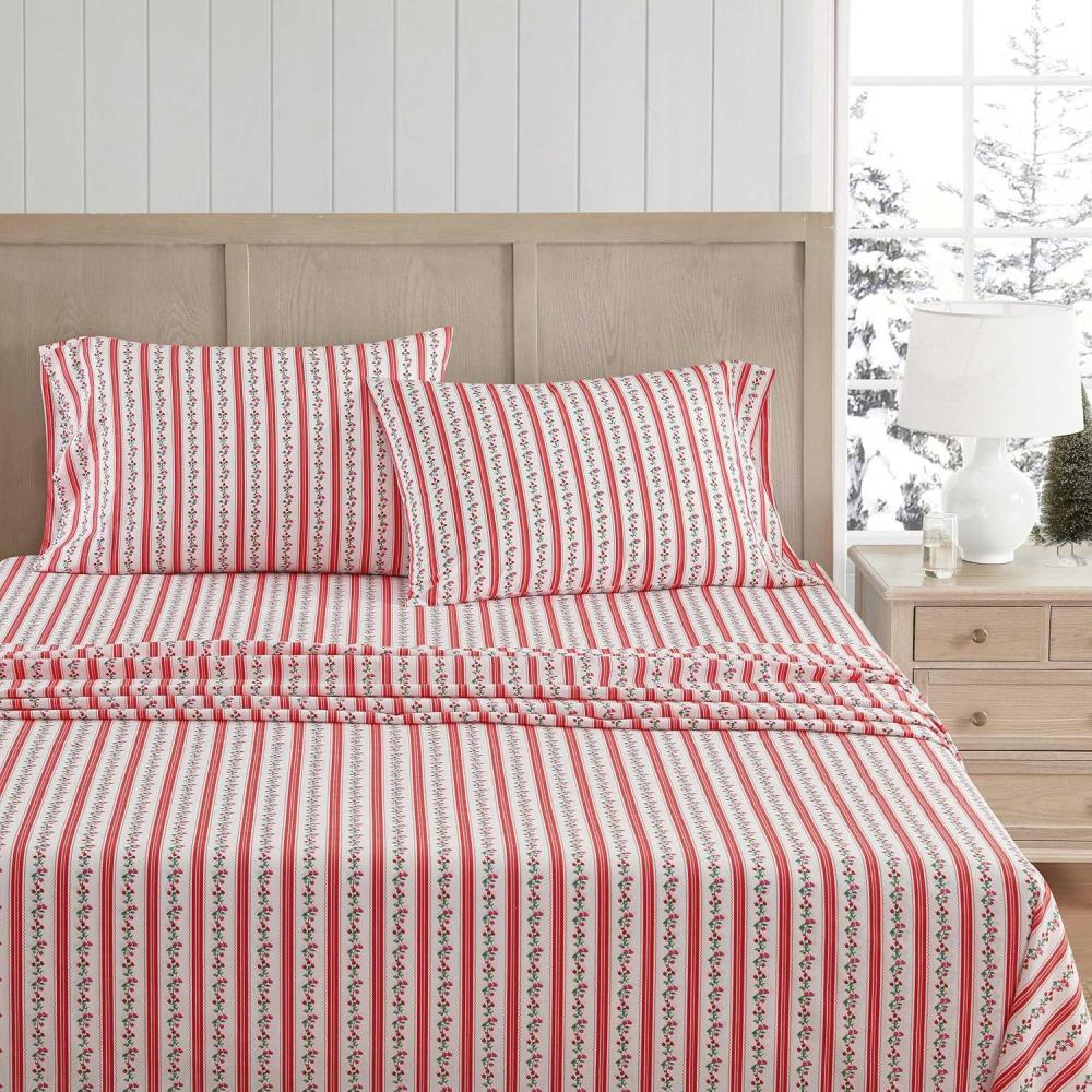 imageMartha Stewart Full Size Sheets Set Crisp ampamp Tailored Cooling Sheets wa Naturally Smooth Cotton Percale Lightweight Feel Bed Sheets with Matching Pillowcases ampamp Fitted Sheet Stripe BlueRose Ribbon Red