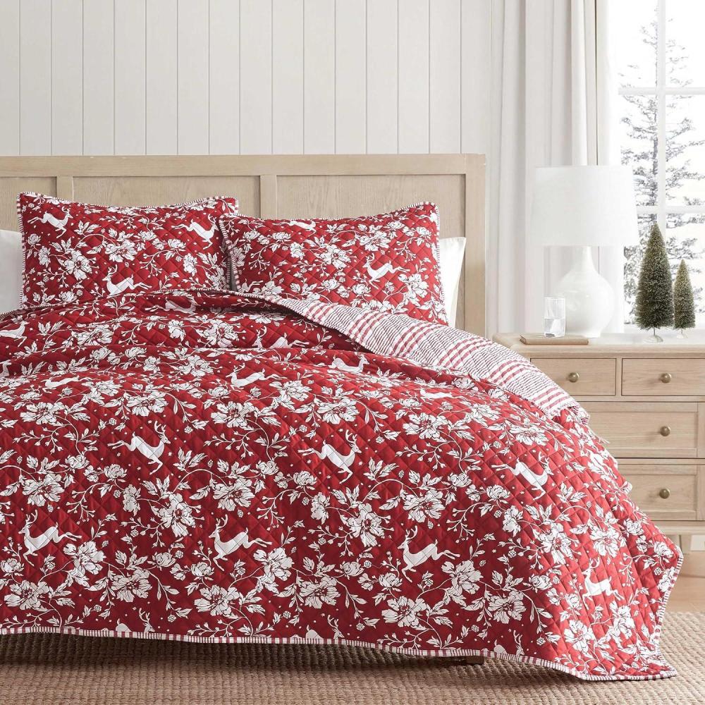 imageMartha Stewart Queen Quilt Set Classic Quilted Bedding Lightweight Incredibly Soft ampamp Wrinkle Resistant Quilt with Matching Pillowcases 3 Piece Bed Set Dancing Deer RedDancing Deer Red