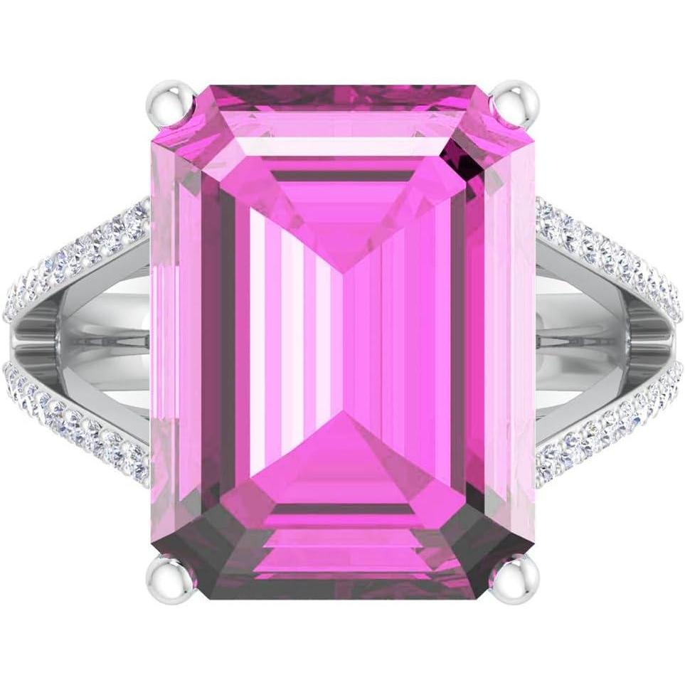 imageMartha Stewart 10 14 Carat Emerald Cut Gemstone Ring with Lab Grown Diamonds in Sterling Silver Choose Your GemstonePink Sapphire