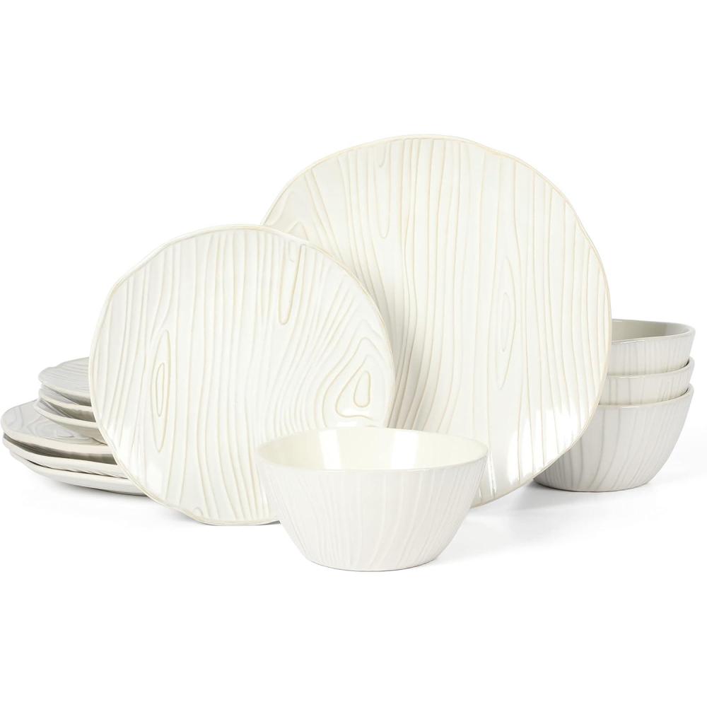 imageMartha Stewart 12 Piece Wood Look Reactive Stoneware Dinnerware Set