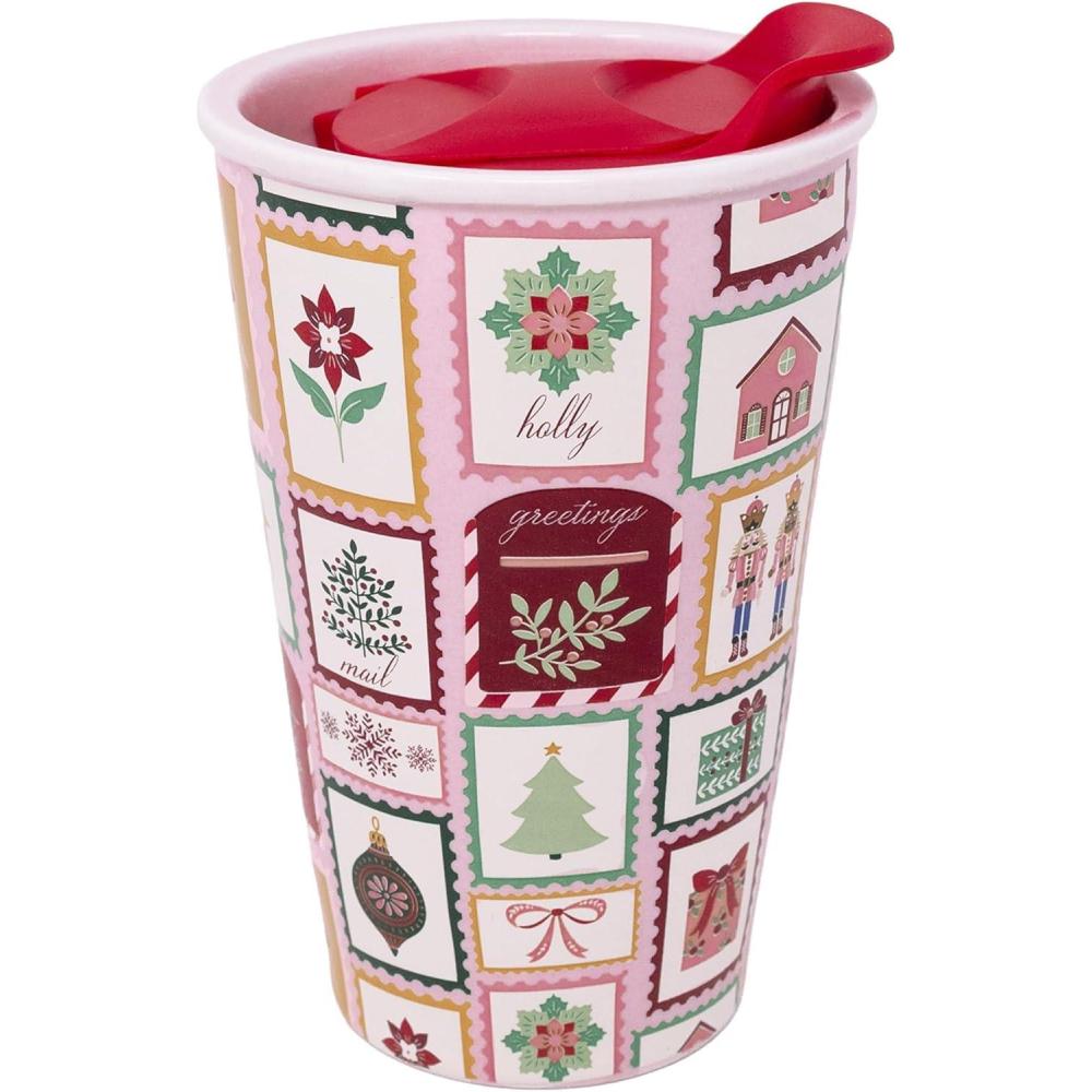 imageMartha Stewart 12 oz Ceramic Travel Mug with Plastic Lid Festive Coffee Cup for Hot Drinks Christmas Gift for Coffee ampamp Tea Lovers Holiday Stamps