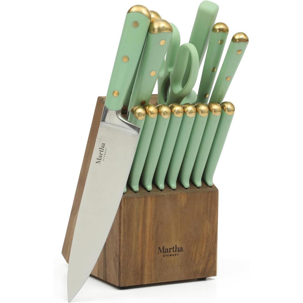 imageMartha Stewart 16 Piece Lockton High Carbon Stainless Steel Cutlery Kitchen Knife Block Set WABS Tripe Riveted Forged Handle Acacia Wood Block Linen White WGoldSage Green W Gold Knife Block