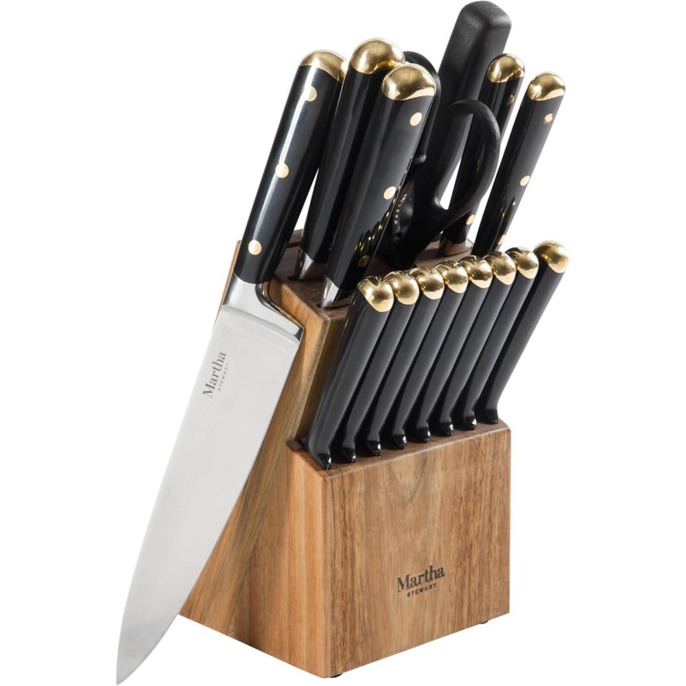 imageMartha Stewart 16 Piece Lockton High Carbon Stainless Steel Cutlery Kitchen Knife Block Set WABS Tripe Riveted Forged Handle Acacia Wood Block  Linen White WGoldBlack W Gold Knife Block