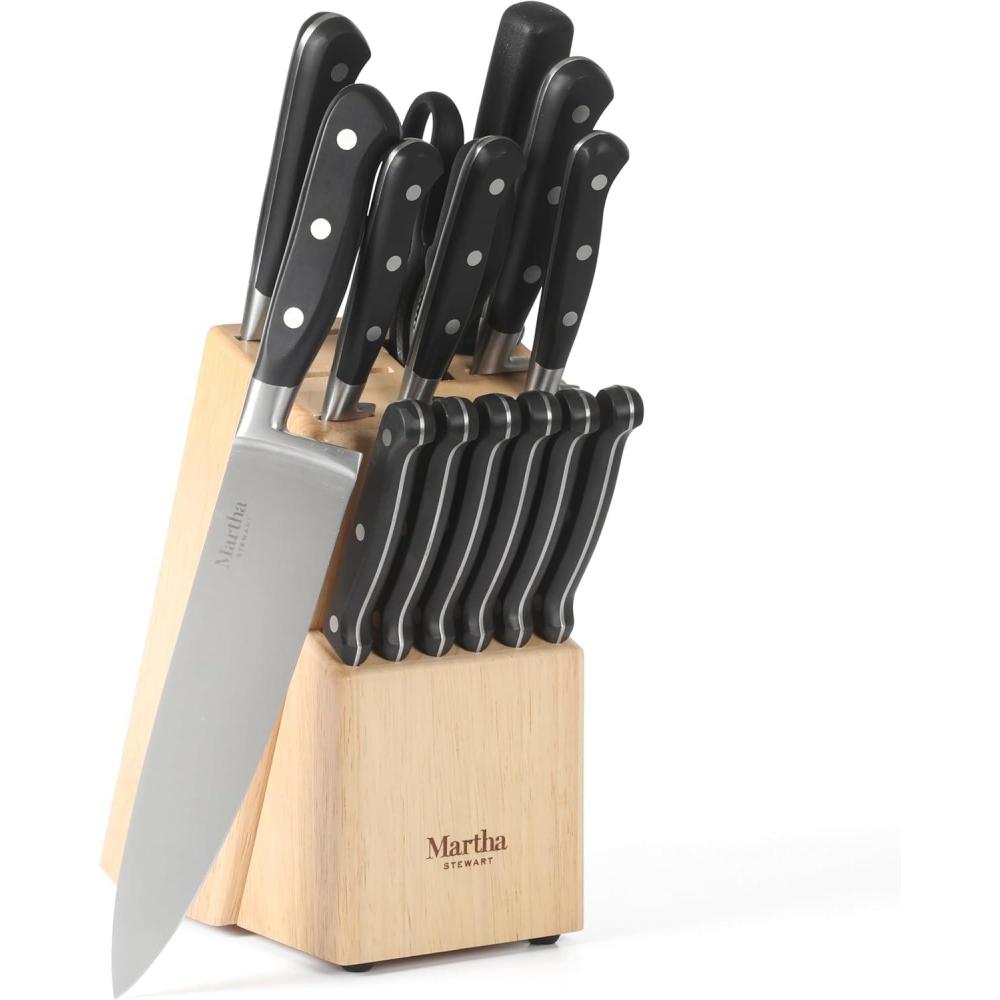 imageMartha Stewart 16 Piece Lockton High Carbon Stainless Steel Cutlery Kitchen Knife Block Set WABS Tripe Riveted Forged Handle Acacia Wood Block  Linen White WGoldBlack Knife Block