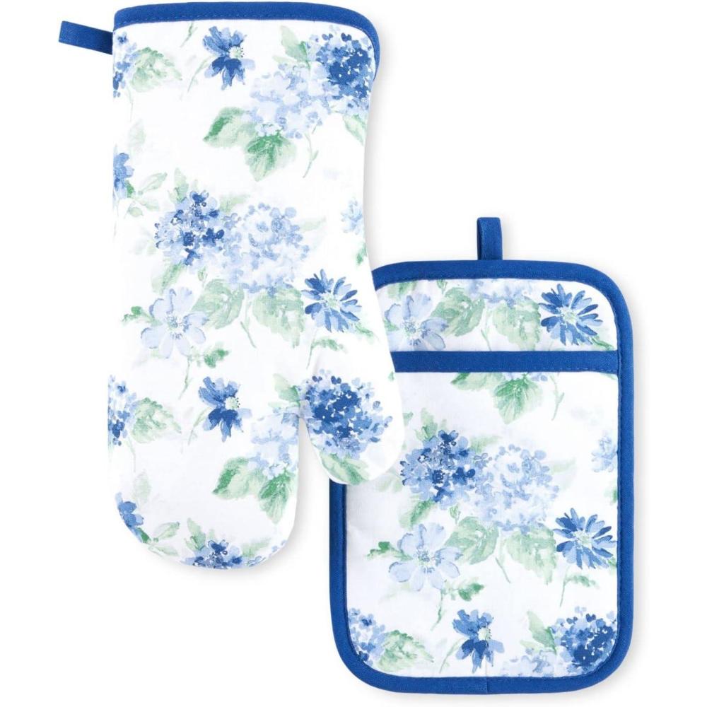imageMartha Stewart Amber Floral Oven Mitt ampamp Pot Holder Set 2Pack PinkYellow OM 7quotx13quot ampamp PH 7quotx10quotBlue