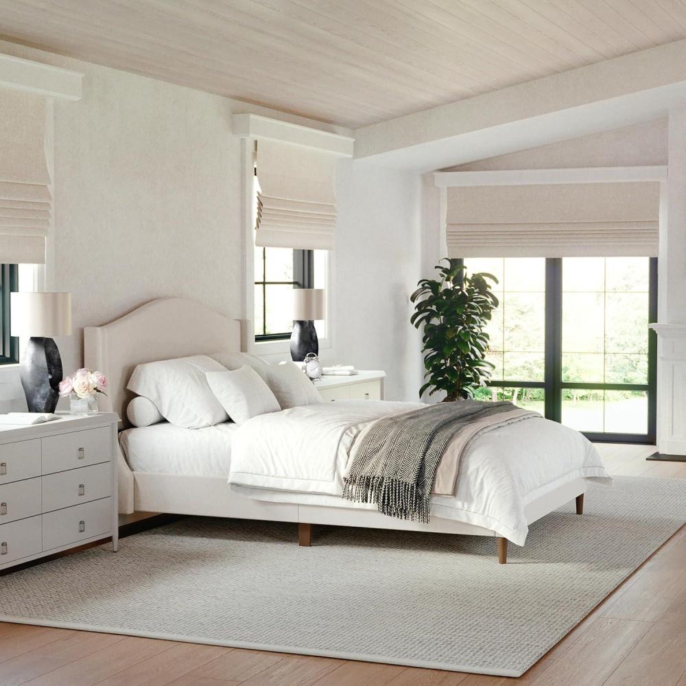imageMartha Stewart Amelia Platform Bed with Curved Headboard and Cushioned Side Rails Faux Linen Upholstery Wood Slat Foundation No Box Spring Needed Queen BeigeBeige FabricWalnut Legs