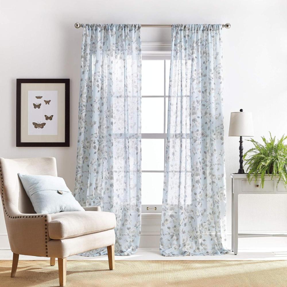 imageMartha Stewart Annabelle Floral Sheer Rod Pocket Single Curtain Panel 84quot LinenAqua
