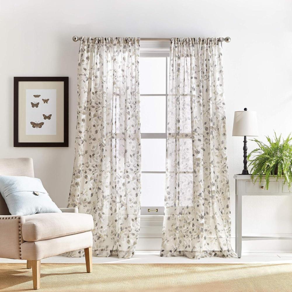 imageMartha Stewart Annabelle Floral Sheer Rod Pocket Single Curtain Panel 84quot LinenLinen